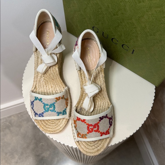 Gucci GG Multicolor Canvas Espadrille Wedge Sandals 39 - Picture 4 of 5